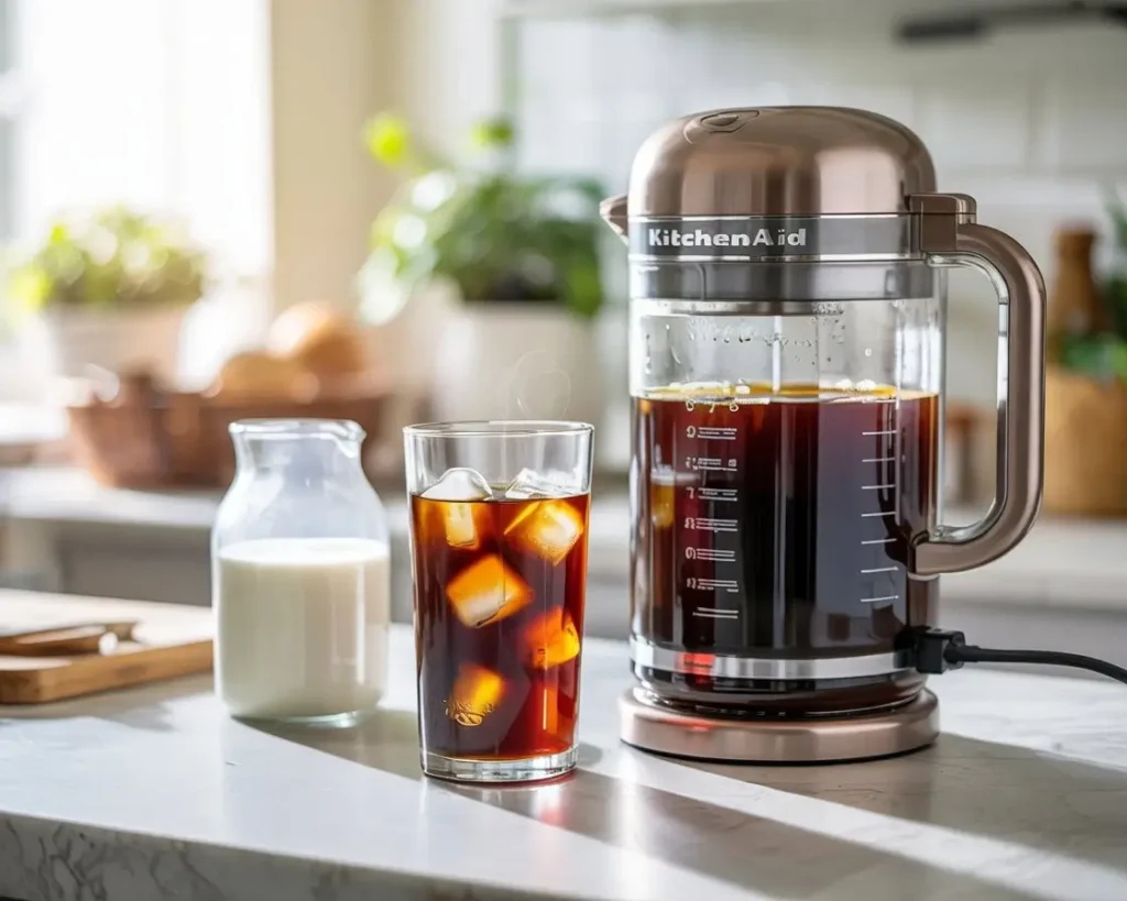 KitchenAid cold brew coffee maker on a kitchen counter with a glass of iced coffee and milk jug beside it.