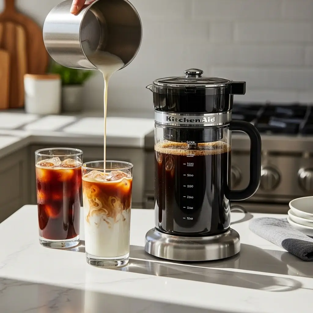 KitchenAid cold brew coffee maker with two iced coffee glasses on a modern kitchen counter.