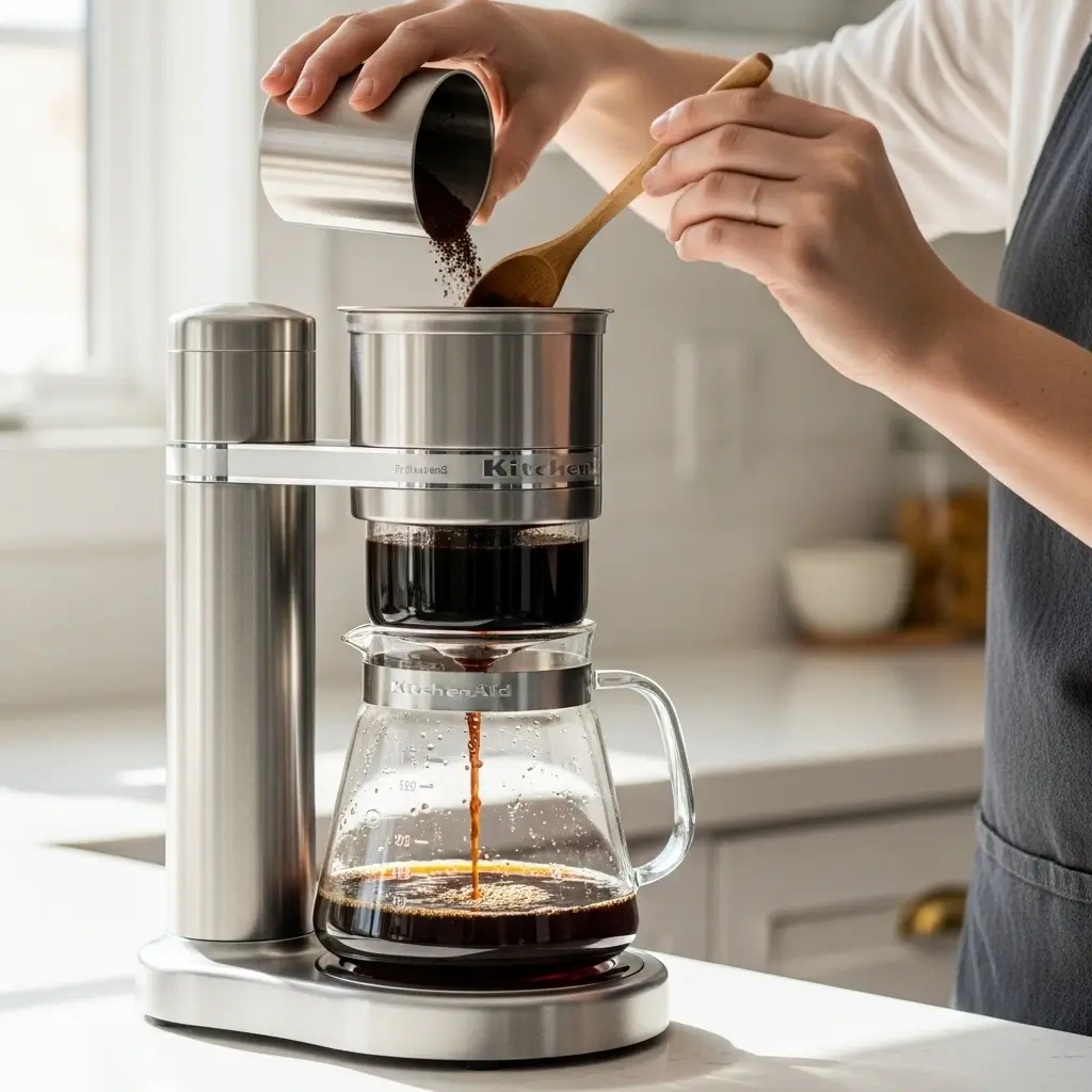 KitchenAid cold brew coffee maker being filled with coffee grounds and water to brew cold brew at home.