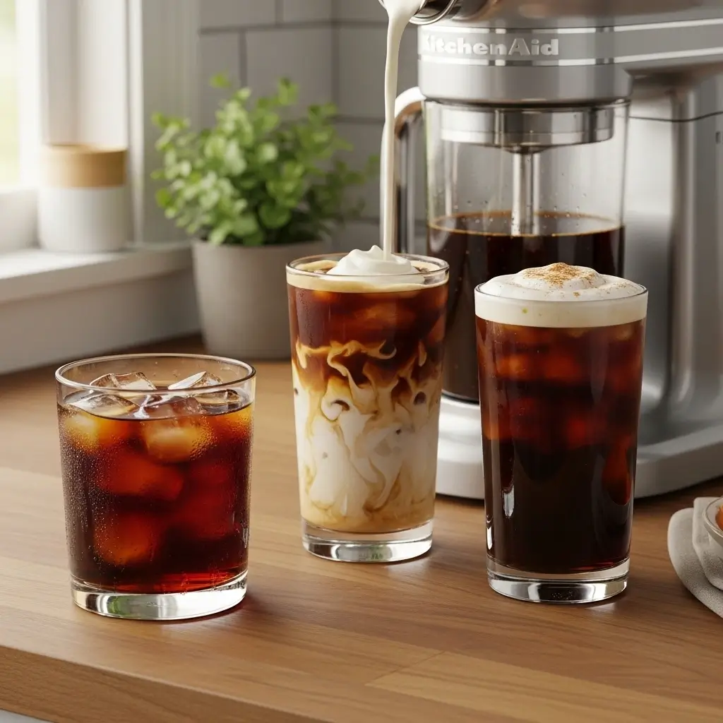 Three KitchenAid cold brew coffee recipes served in glasses: classic over ice, vanilla cream, and pumpkin spice.