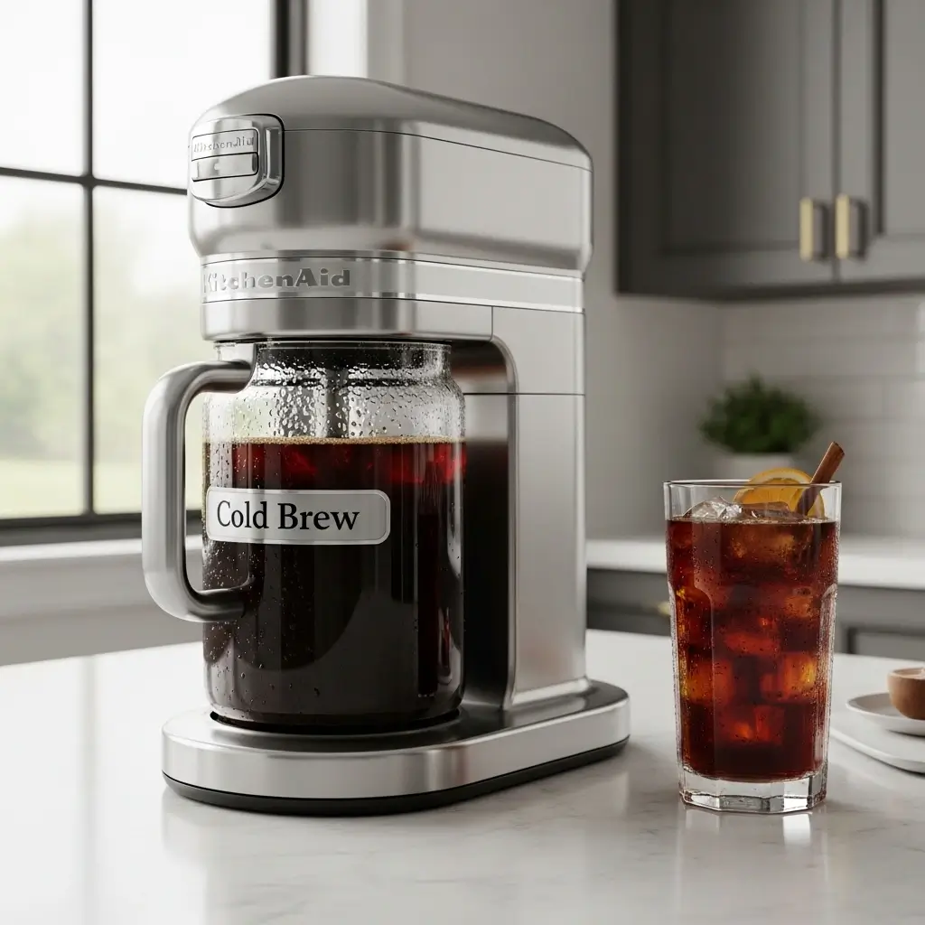 KitchenAid Cold Brew coffee maker with a fresh glass of iced cold brew on a kitchen counter.