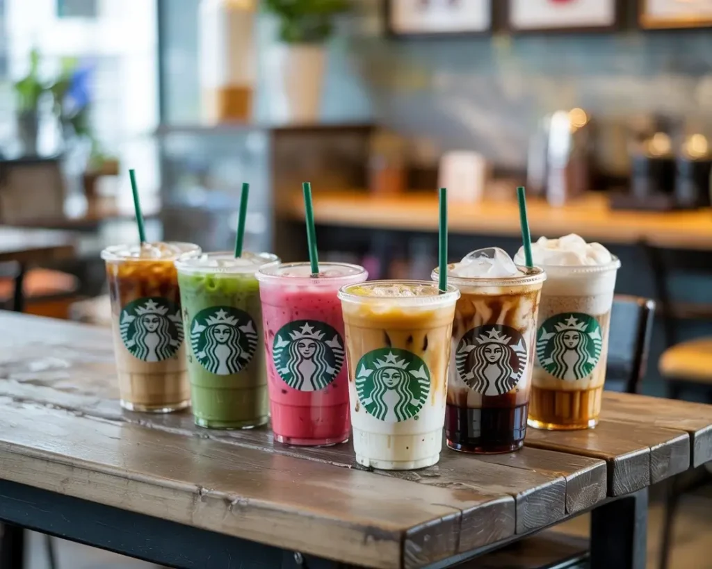 Lineup of Starbucks iced drinks including iced caramel macchiato, iced matcha latte, pink drink, and cold brew with cold foam on a café table.