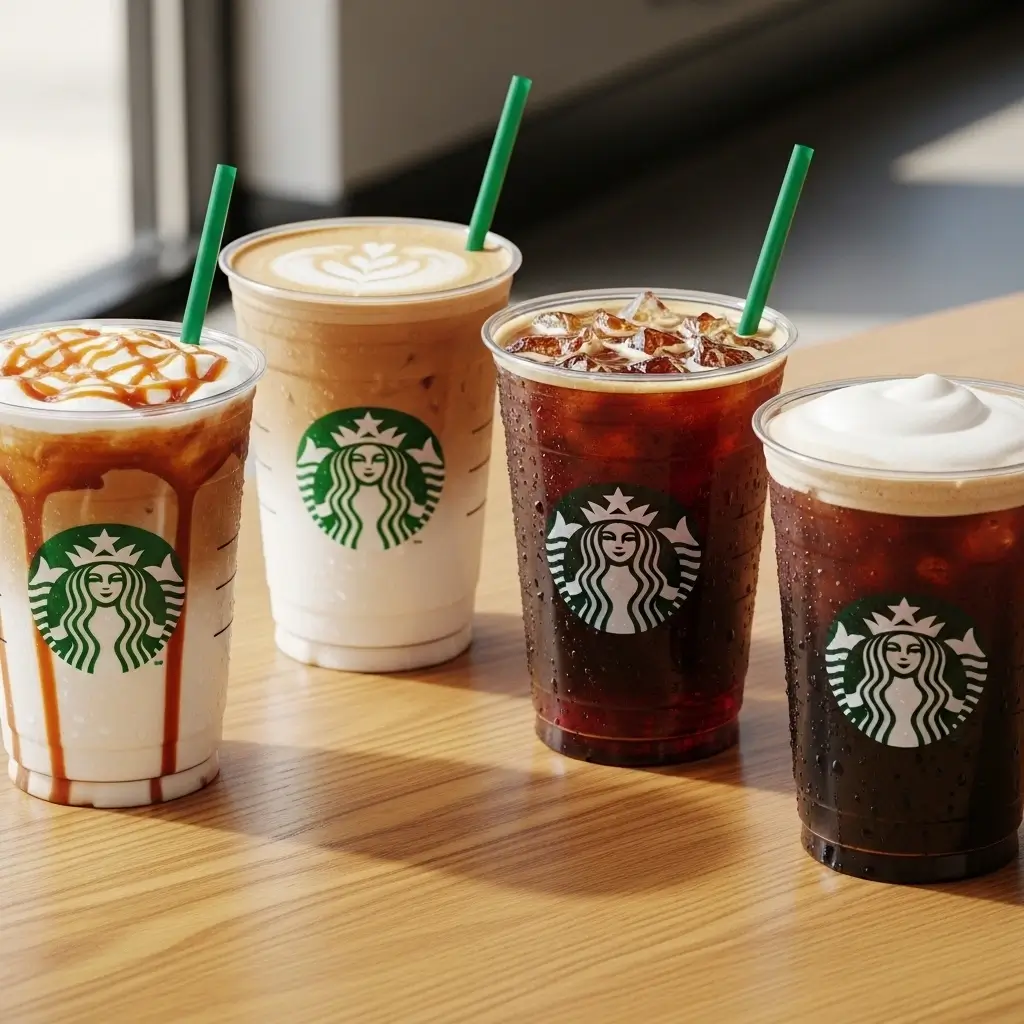 Starbucks iced classics including caramel macchiato, iced latte, Americano, and cold brew on a café table.