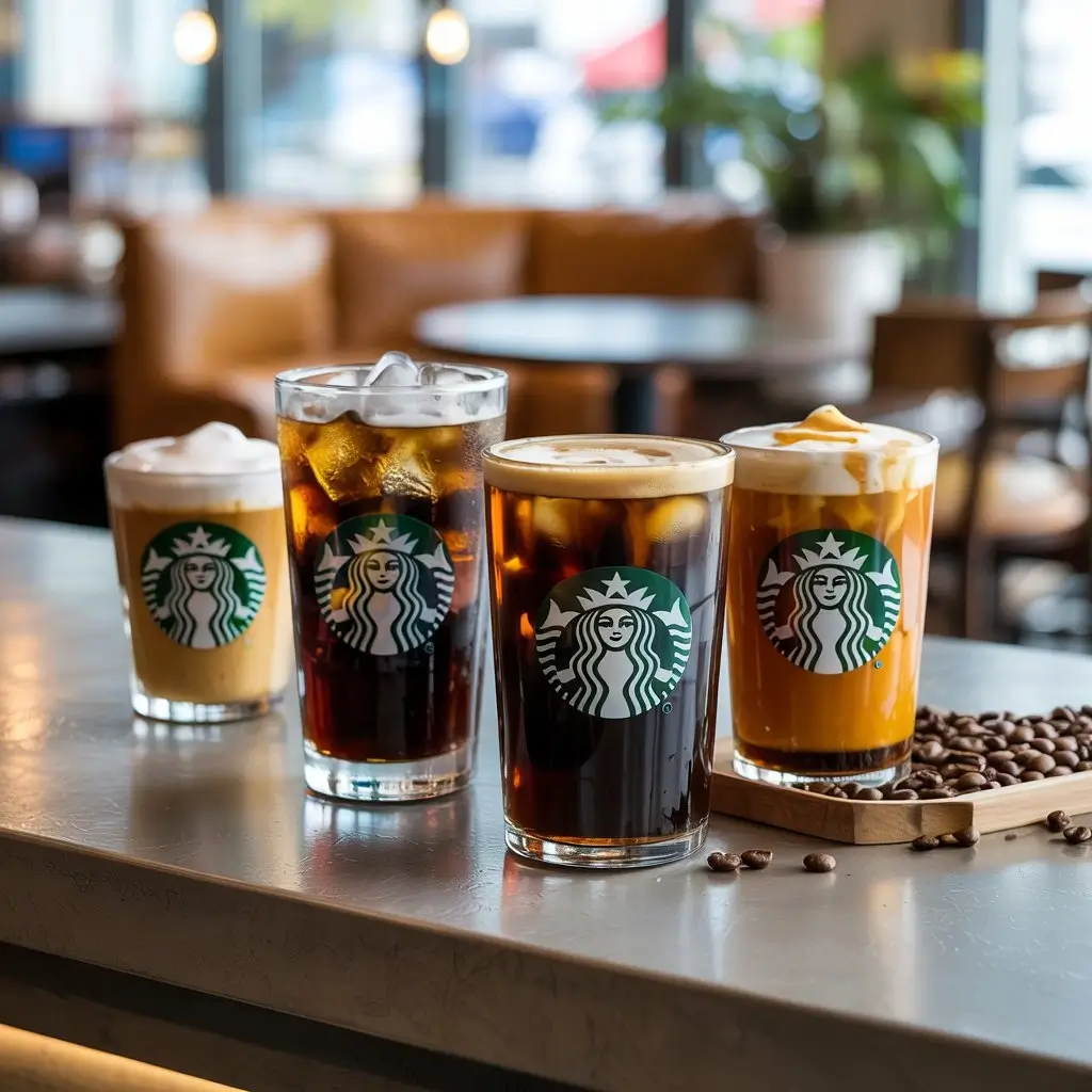 Starbucks cold brew and nitro cold brew drinks with rich foam and iced layers.