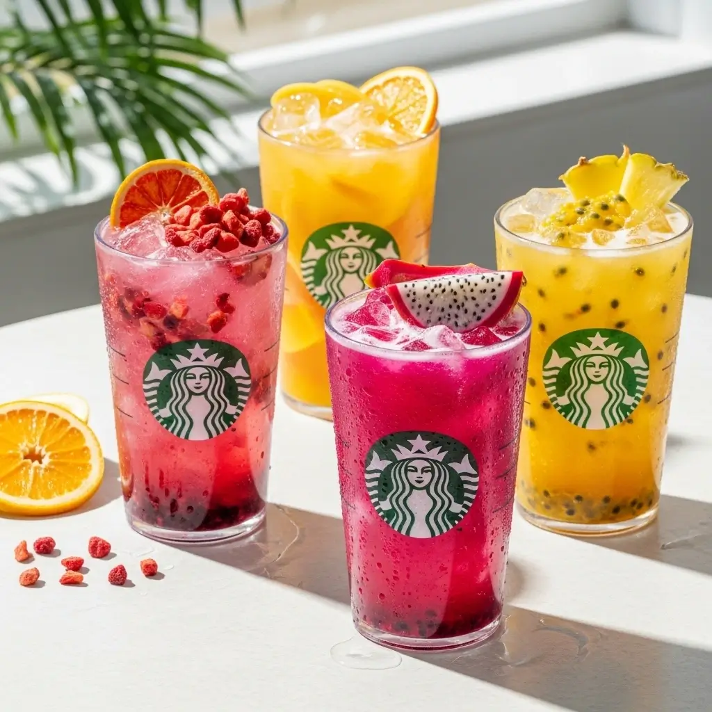 Starbucks Refreshers with strawberry, dragonfruit, and pineapple flavors served over ice.