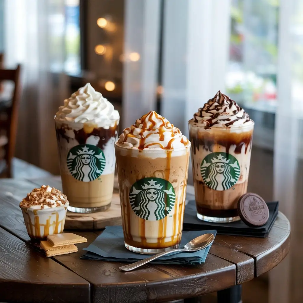 Starbucks dessert-inspired iced drinks with whipped cream, caramel drizzle, and chocolate toppings.