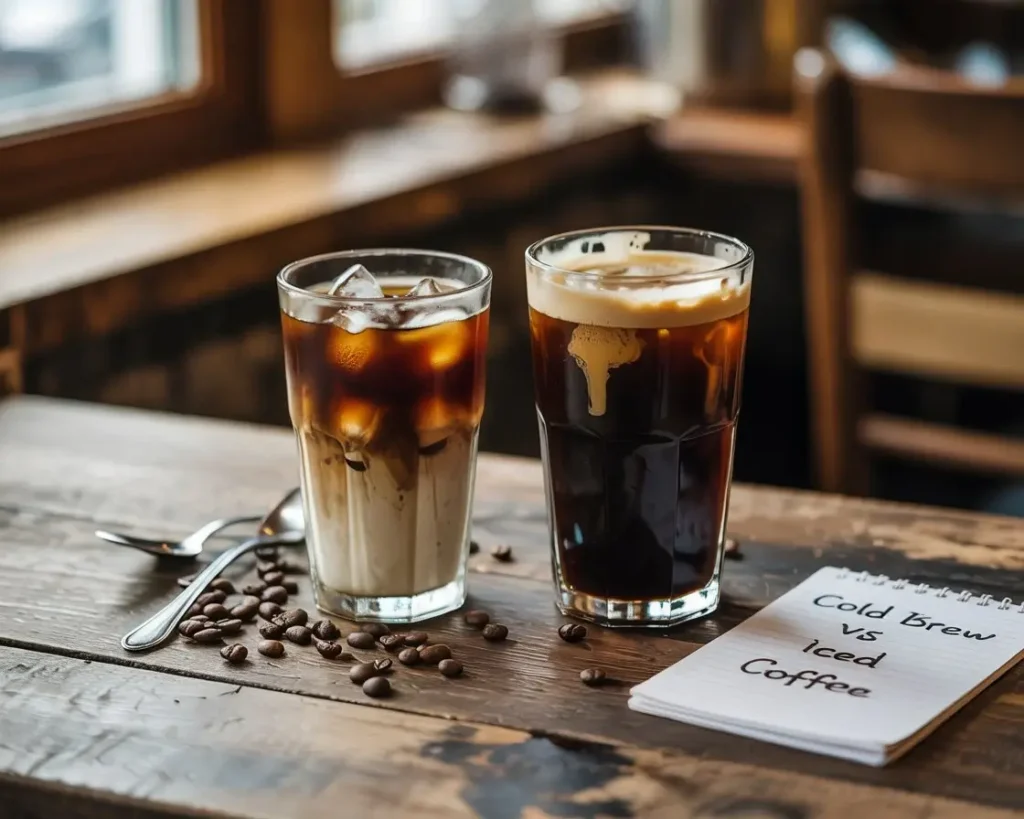 Side-by-side Starbucks-style iced coffee and cold brew drinks with foam, ice, and a comparison notepad.