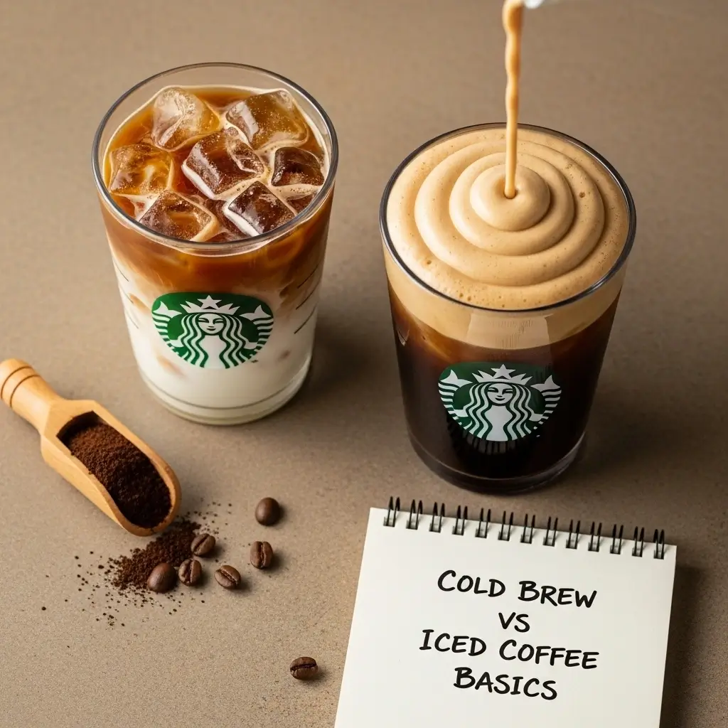 Side-by-side Starbucks-style iced coffee and nitro cold brew with foam, coffee beans, and a notepad explaining the basics.