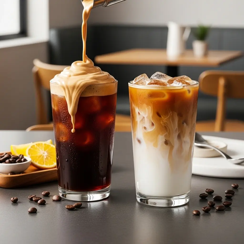 Side-by-side Starbucks drinks comparing smooth nitro cold brew and bright iced coffee with milk swirls, with coffee beans and citrus slices.