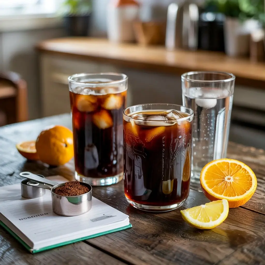 Starbucks iced coffee and cold brew with a nutrition journal, coffee grounds, and fresh fruit representing caffeine, calories, and health benefits.