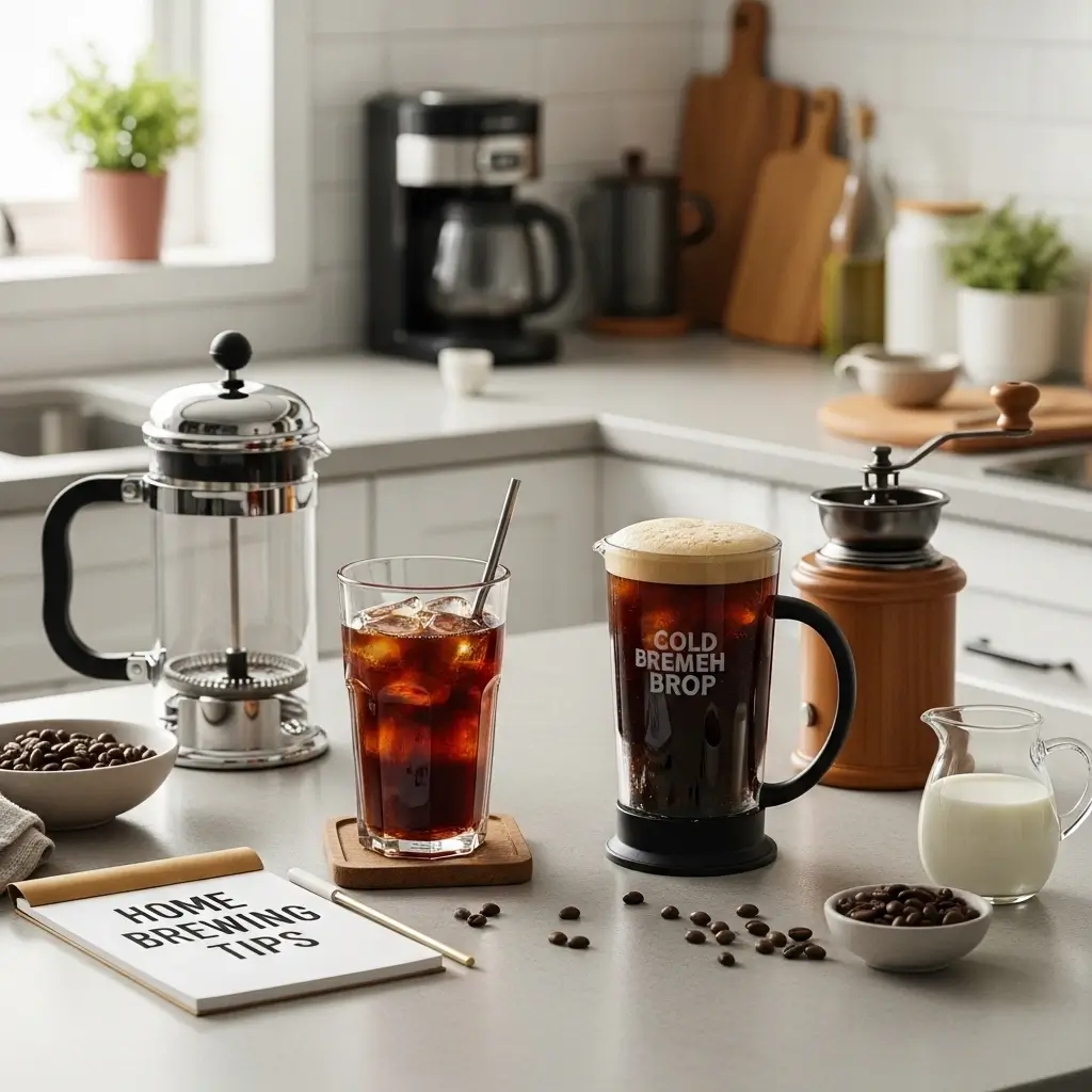 Homemade iced coffee and nitro-style cold brew on a kitchen counter with coffee-making tools and beans.