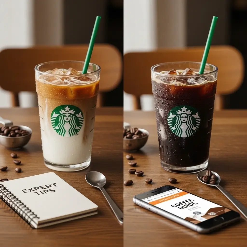 Side-by-side Starbucks iced coffee and nitro cold brew with a notebook, coffee beans, and a smartphone showing expert tips.