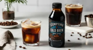 Stumptown Cold Brew bottle with a glass of iced cold brew coffee and coffee beans on a marble countertop.