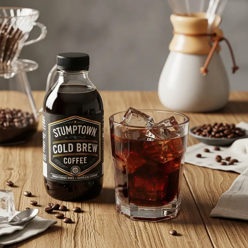 Stumptown Cold Brew bottle and iced cold brew glass on a rustic wooden table with coffee-making tools.