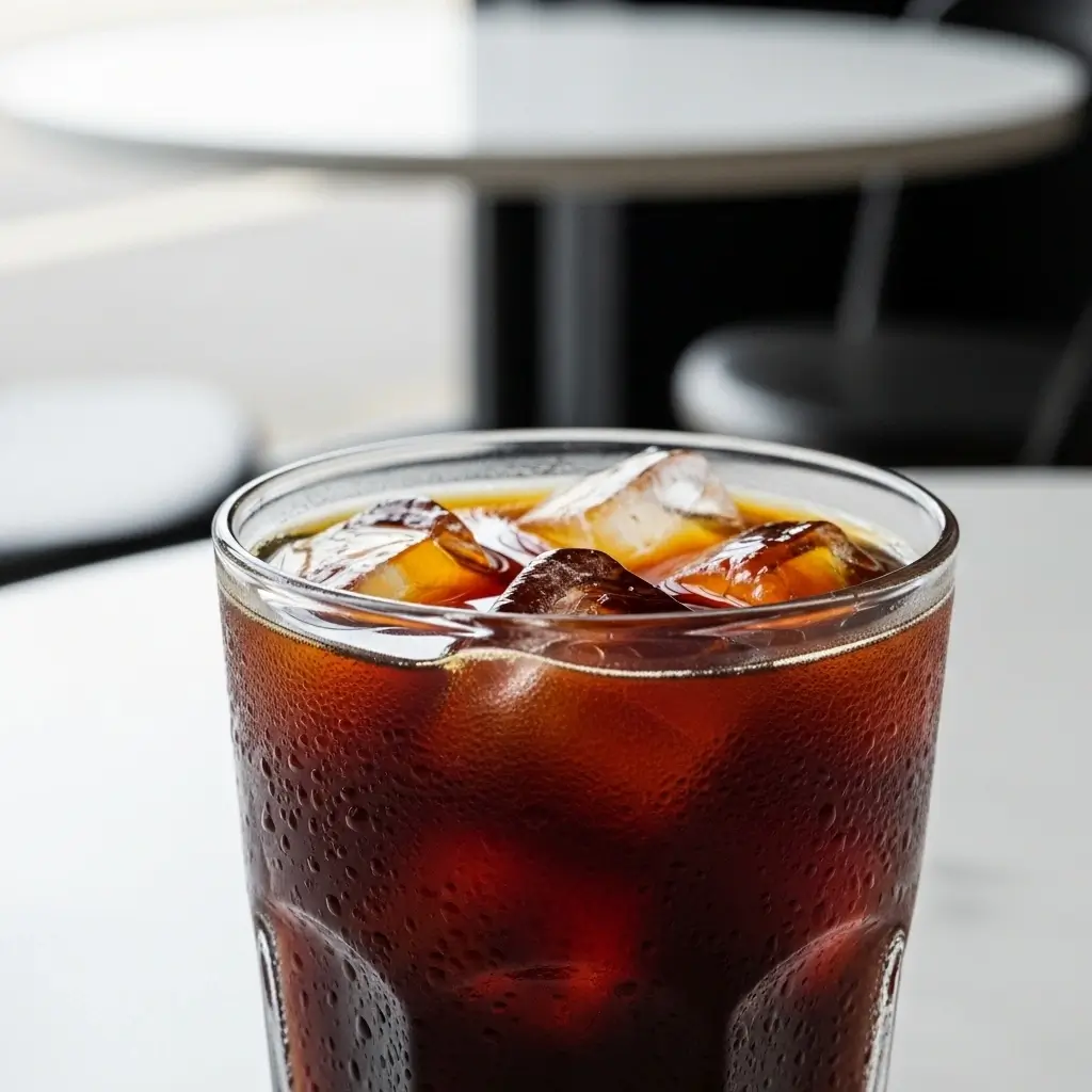 Close-up of Stumptown Cold Brew iced coffee in a glass with ice and condensation.
