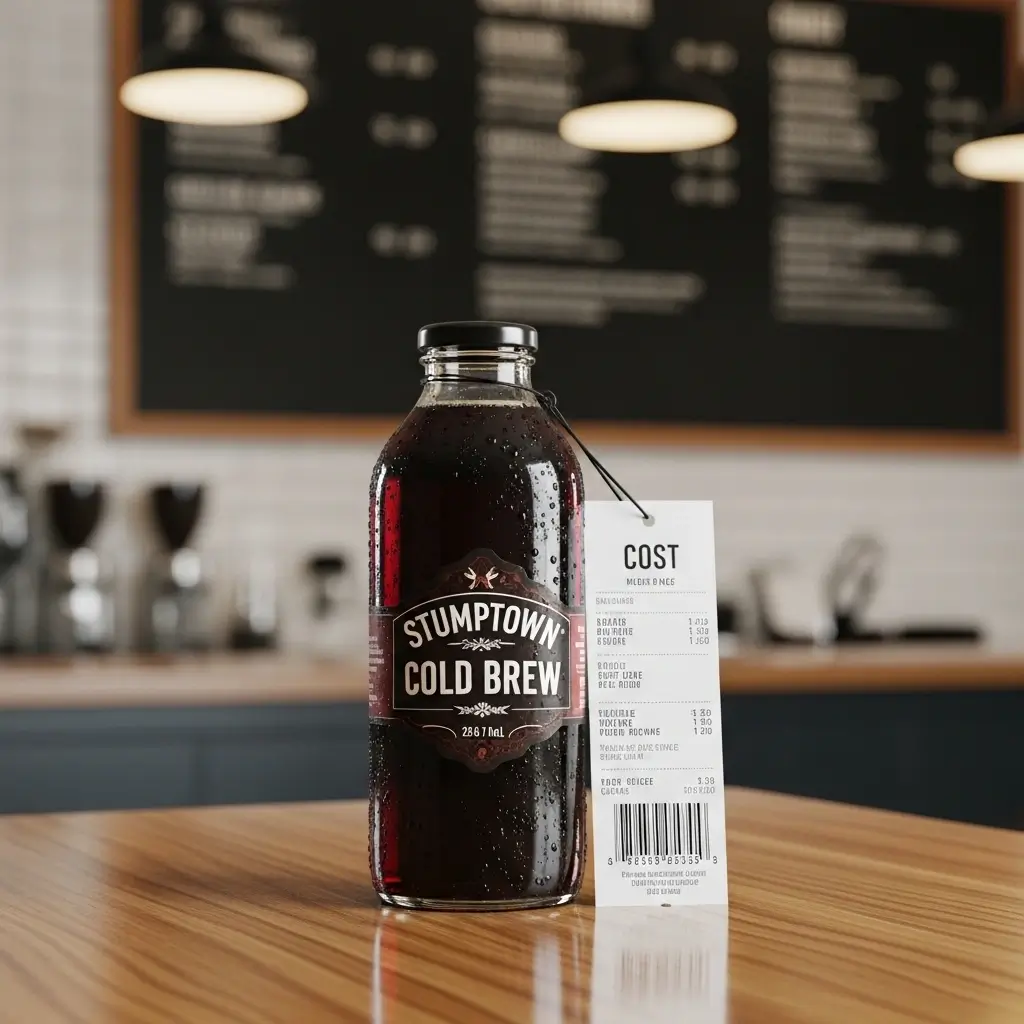Bottle of Stumptown Cold Brew on a café table beside a receipt, symbolizing its price value.