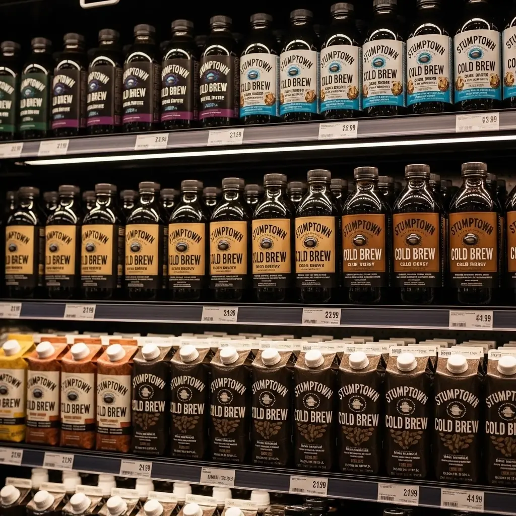 Stumptown Cold Brew bottles on a refrigerated grocery store shelf.