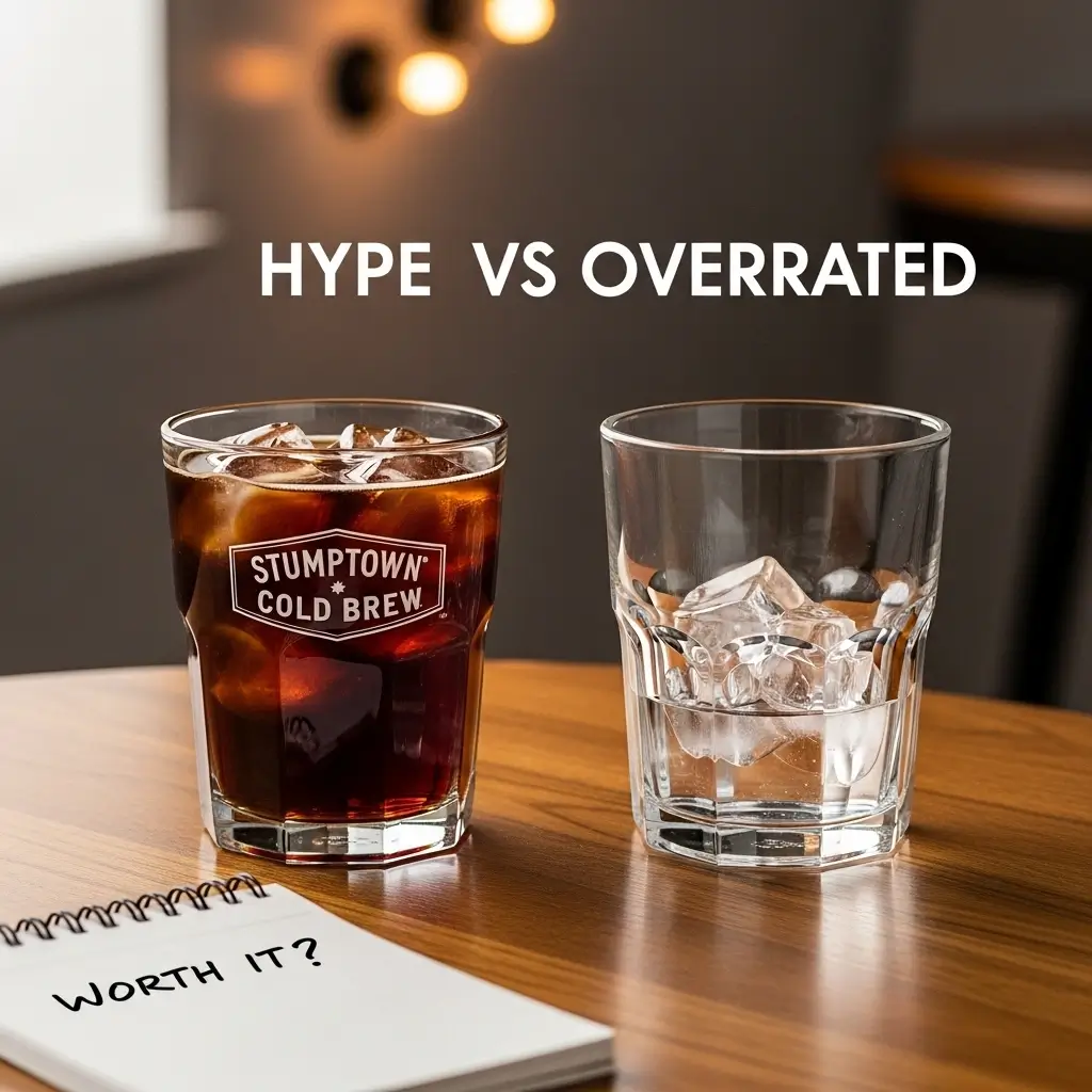 Stumptown Cold Brew glass with ice beside an empty glass, symbolizing hype vs overrated.