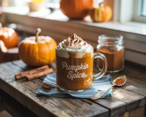 Freshly made pumpkin spice coffee with whipped cream and pumpkin spice on a rustic table with autumn props.