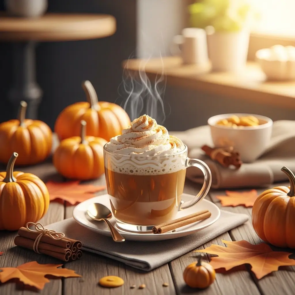 Steaming pumpkin spice coffee with whipped cream and pumpkin spice, styled with pumpkins, cinnamon sticks, and fall leaves.