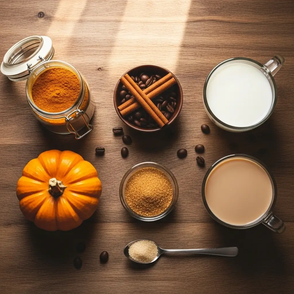 All ingredients for a pumpkin spice coffee: pumpkin spice, cinnamon sticks, coffee beans, milk, sugar, and a glass mug on a wooden table.