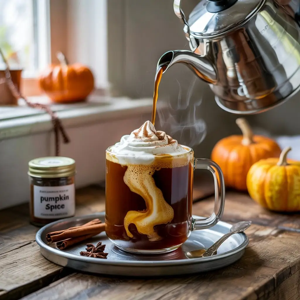 Pumpkin spice coffee being prepared in a glass mug with milk swirling and pumpkin spice sprinkled, surrounded by autumn props.