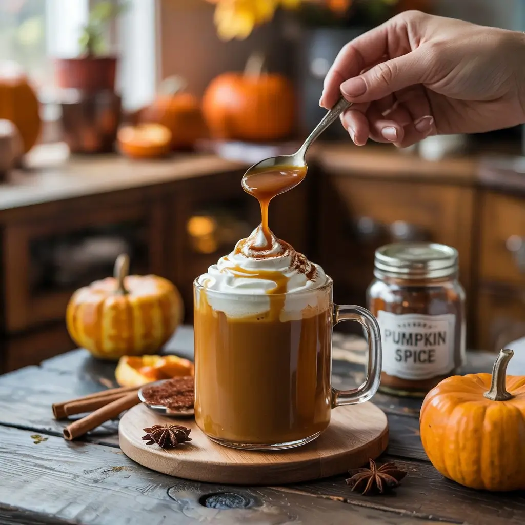 Pumpkin spice coffee in a glass mug with whipped cream, pumpkin spice, and a hand adding extra spice or caramel.