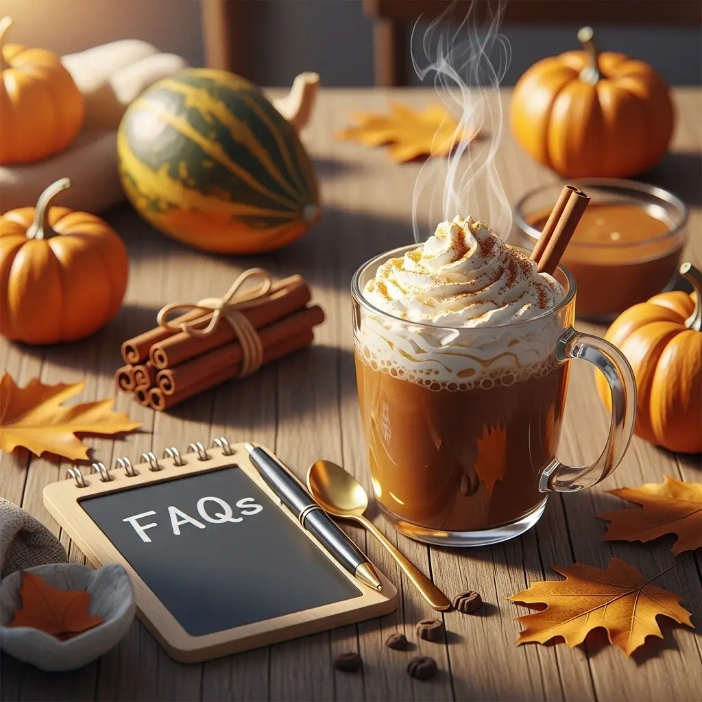 Pumpkin spice coffee with whipped cream and pumpkin spice, next to a notepad labeled “FAQs” and autumn props.