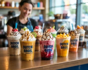 Assortment of Dutch Bros iced drinks on a café counter, including colorful coffees and fruit-flavored energy drinks.