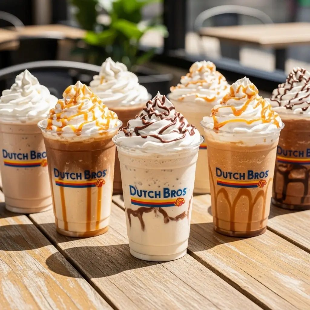 Dutch Bros iced coffee drinks with whipped cream and caramel drizzle on a rustic café table.