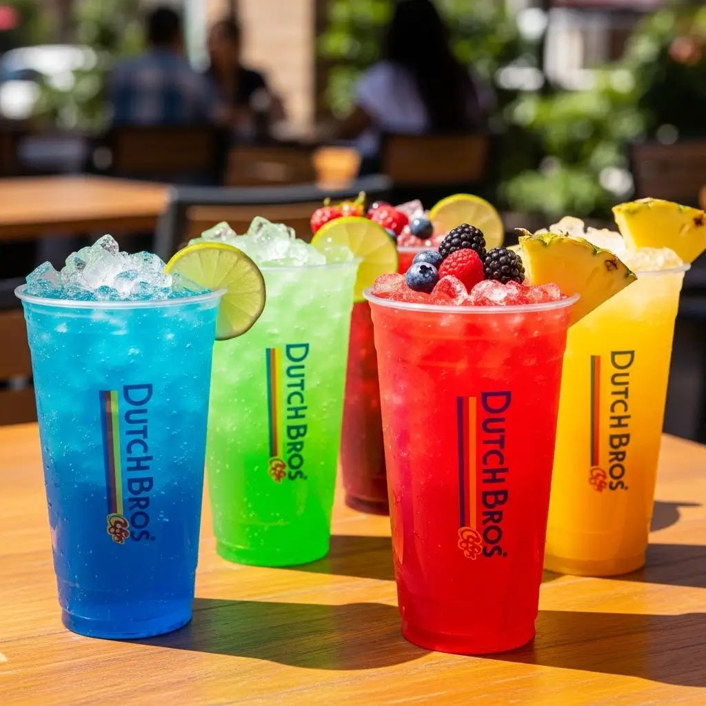 Colorful Dutch Bros Rebel Energy Drinks with ice and fruit garnishes in logo cups.