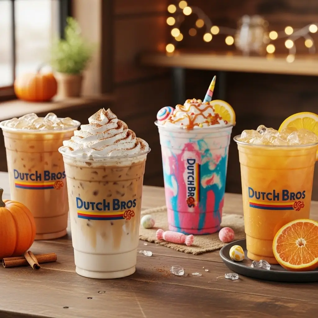 Dutch Bros seasonal and secret menu drinks in colorful iced varieties with whipped cream and fruit garnishes.