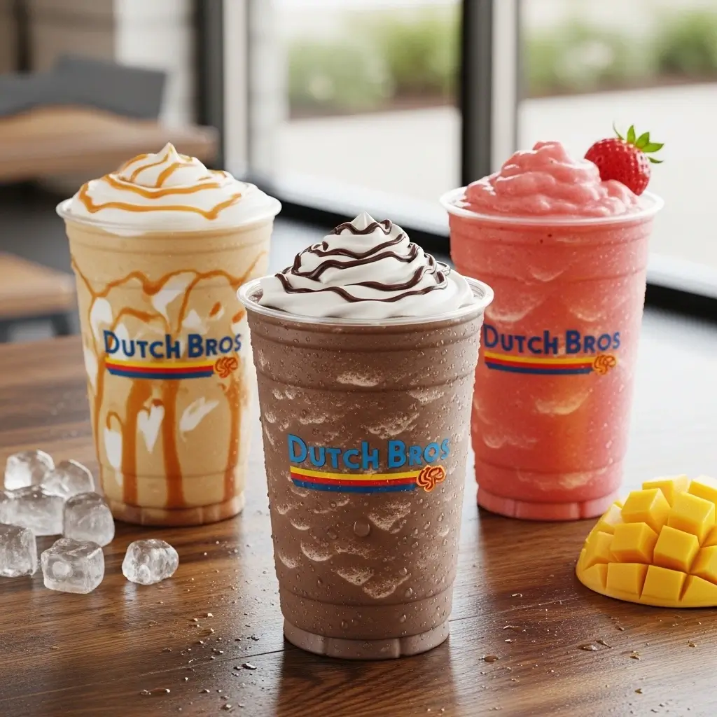 Dutch Bros cold brews, freezes, and smoothies in logo cups with whipped cream, chocolate drizzle, and fruity garnishes.