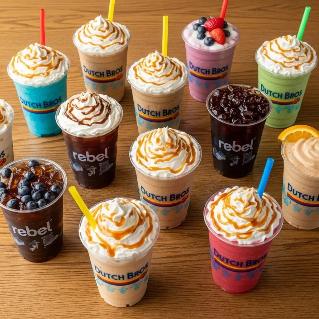 Flat lay of Dutch Bros iced coffee, Rebels, smoothies, and freezes on a wooden table.