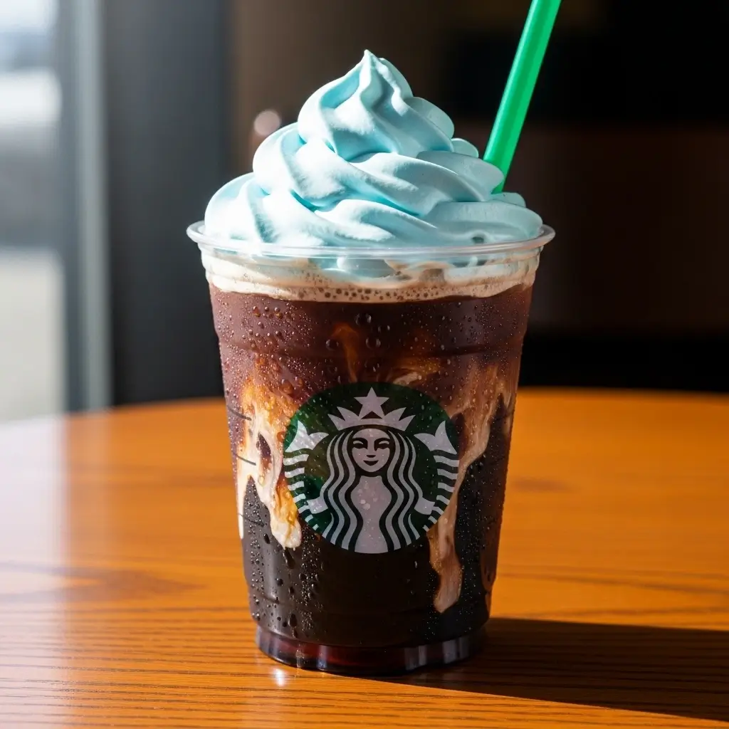 Starbucks Coraline cold brew with cream swirl and blue whipped topping.