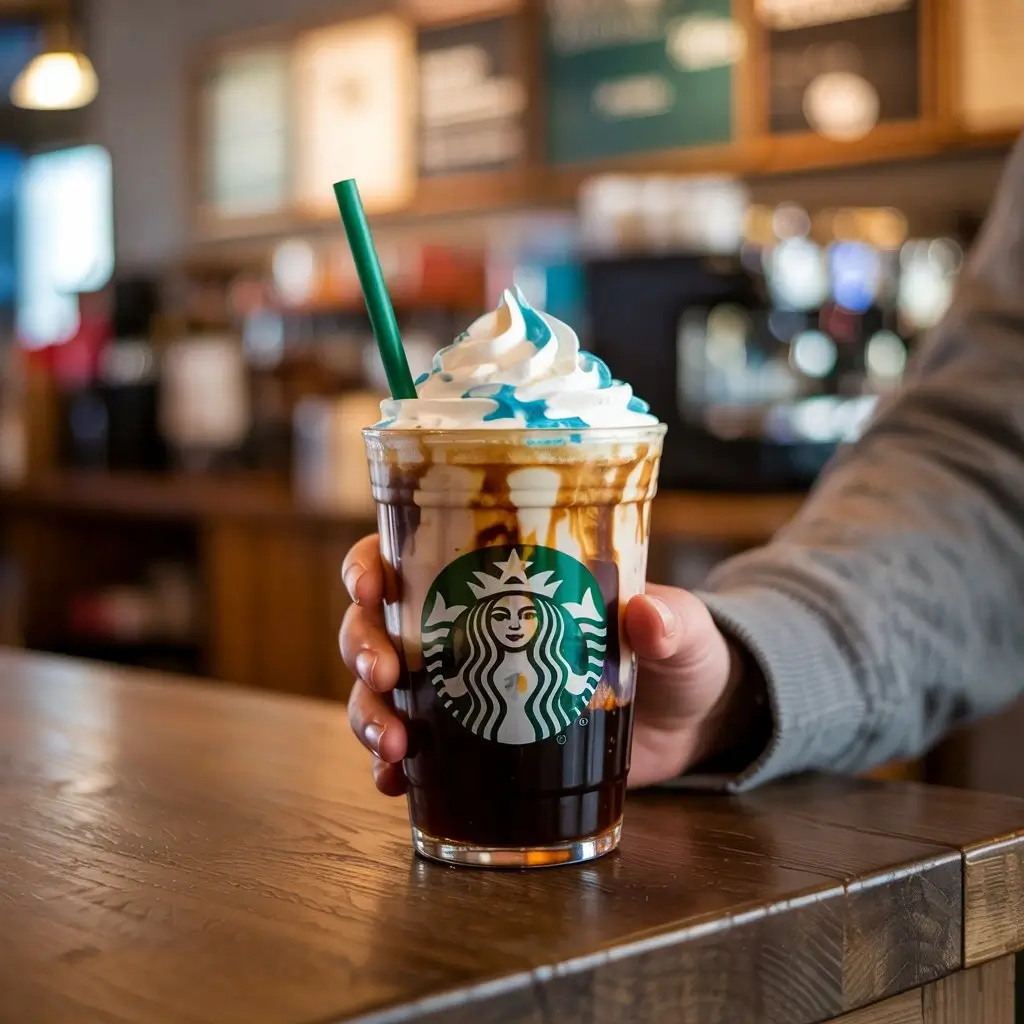 Hand holding Starbucks Coraline cold brew with cream swirl and blue whipped topping.