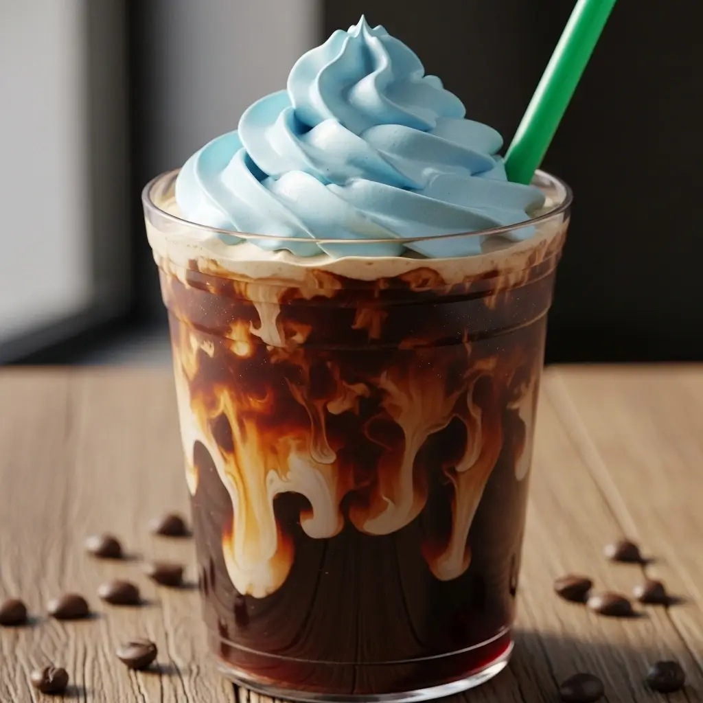 Coraline cold brew coffee with cream swirl, blue whipped topping, and coffee beans on table.