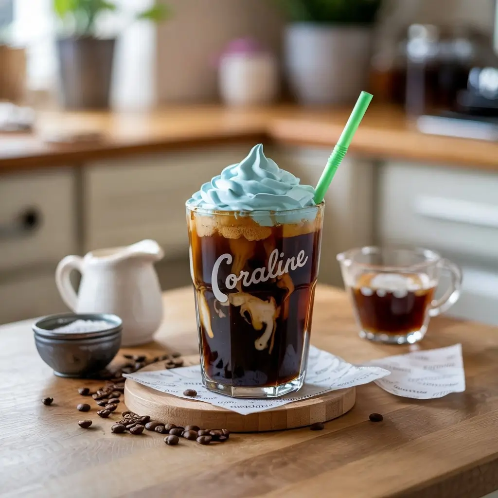 Homemade Coraline cold brew with cream swirl and blue whipped topping on kitchen counter.