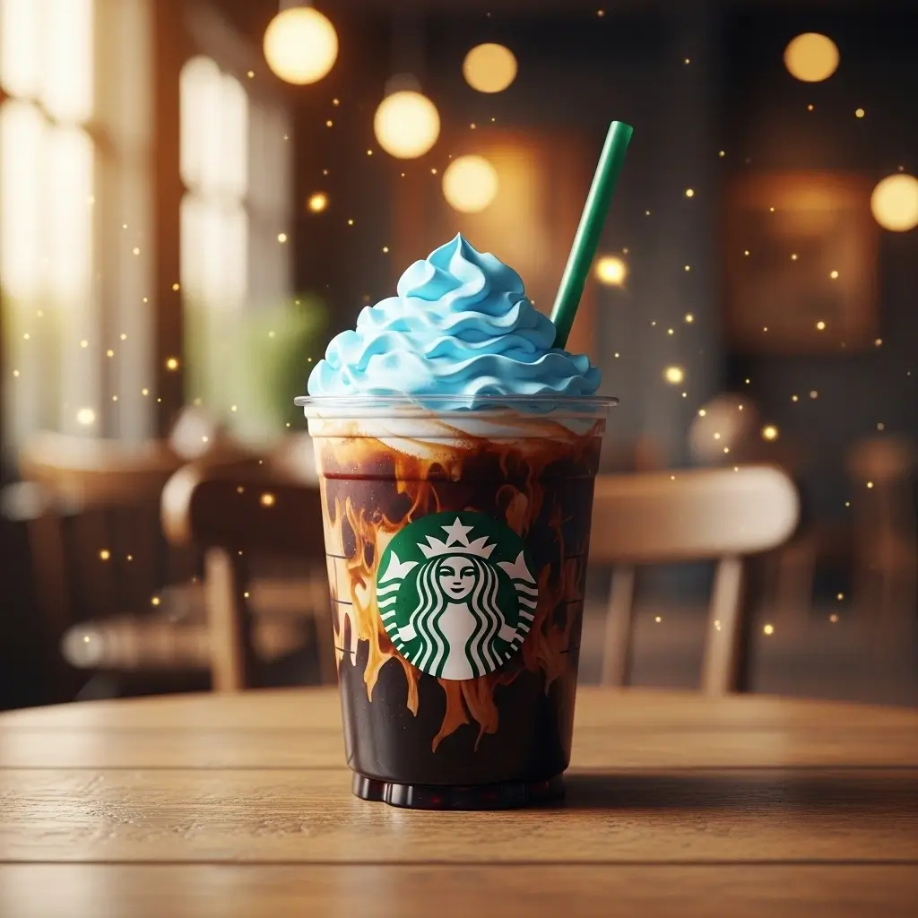 Coraline cold brew with cream swirl and blue whipped topping in a cozy café setting.