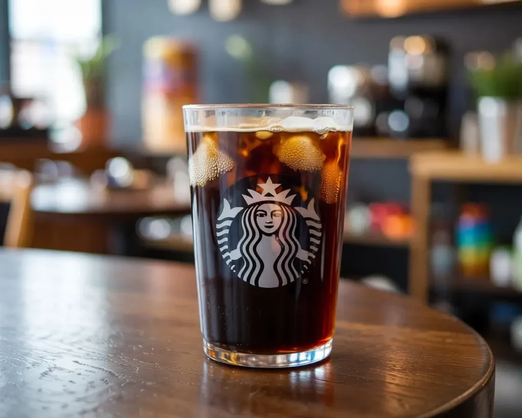 Starbucks Nitro Cold Brew with frothy top and bubbles in a clear cup.