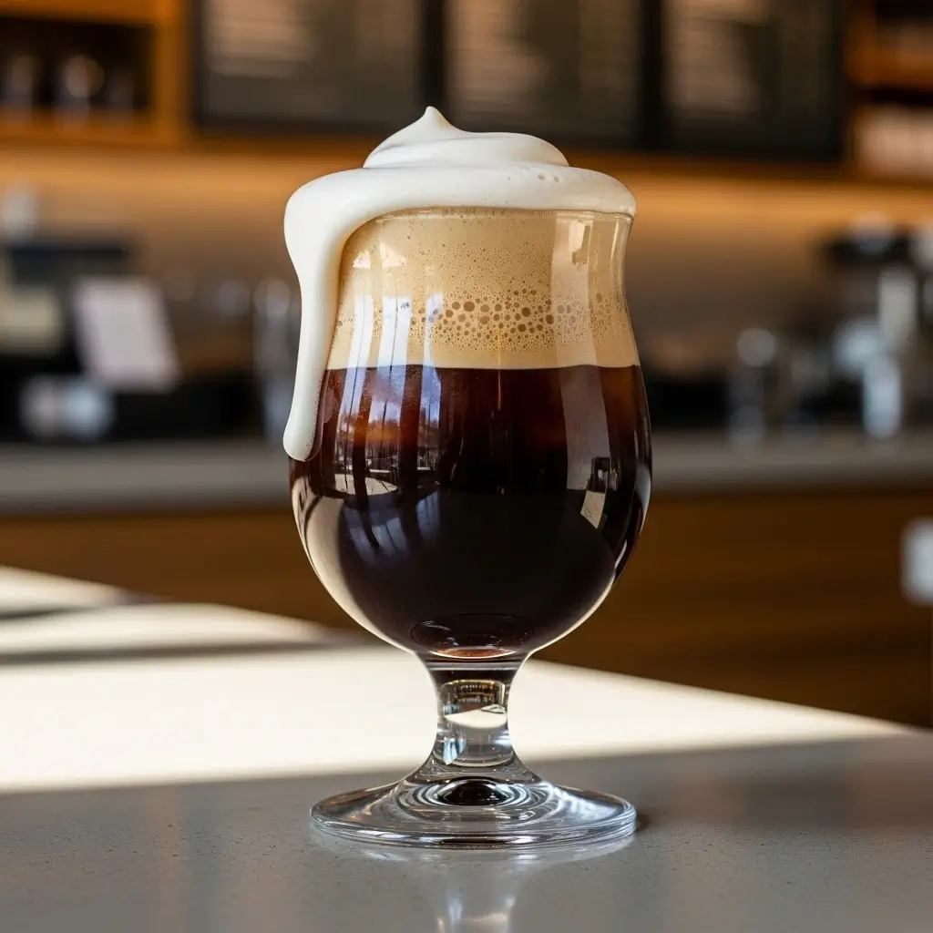 Starbucks Nitro Cold Brew with frothy top and rising bubbles in a clear glass.