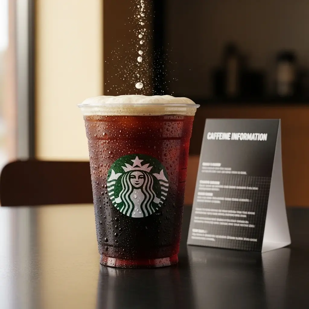 Starbucks Nitro Cold Brew with frothy top and caffeine info card on table.