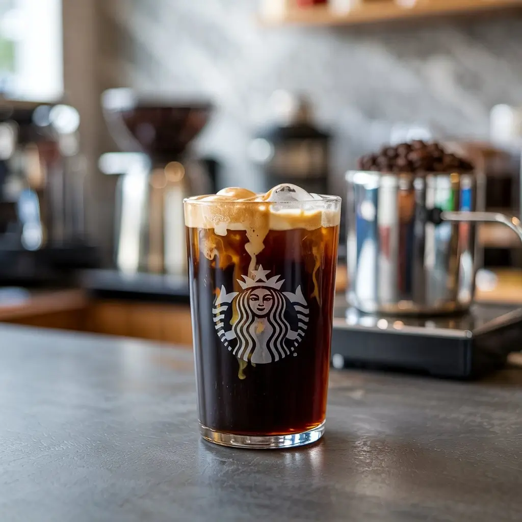 Starbucks Nitro Cold Brew with frothy top and nitrogen bubbles on café counter with coffee lab props.