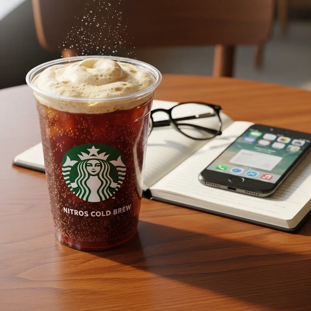 Starbucks Nitro Cold Brew on a café table with notebook, glasses, and smartphone.