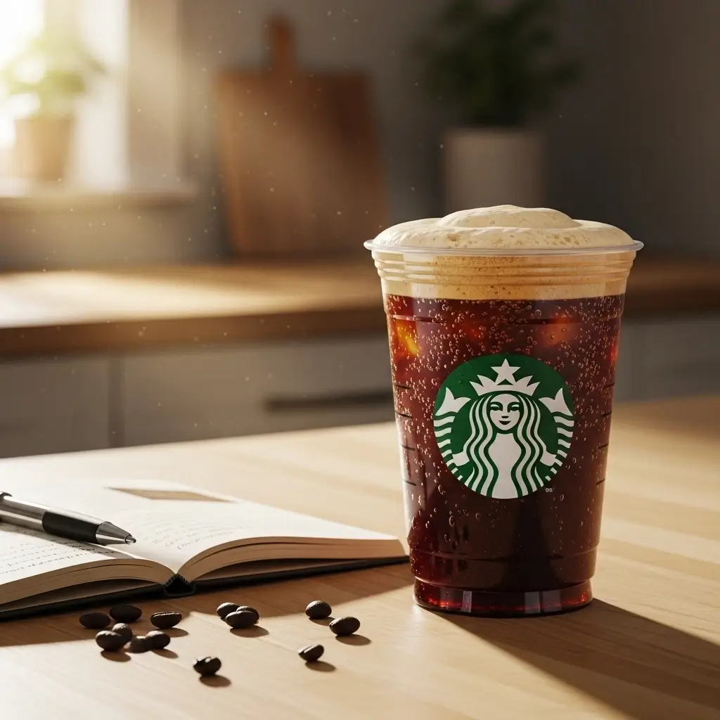 Starbucks Nitro Cold Brew on a sunlit kitchen counter with journal and coffee beans.