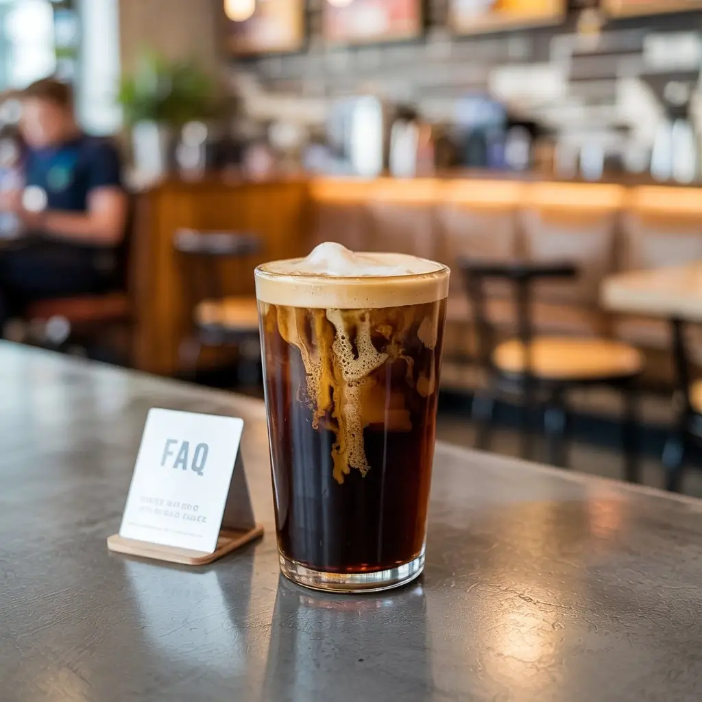 Starbucks Nitro Cold Brew with frothy top and FAQ cards on café counter.