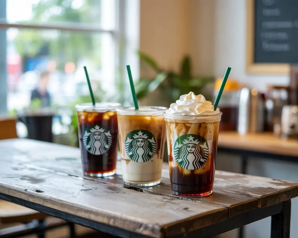 Starbucks iced coffee lineup with black, cream swirl, and whipped cream versions.