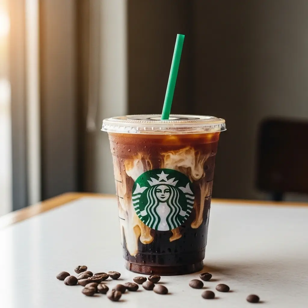 Starbucks iced coffee with cream swirl and condensation on café table.