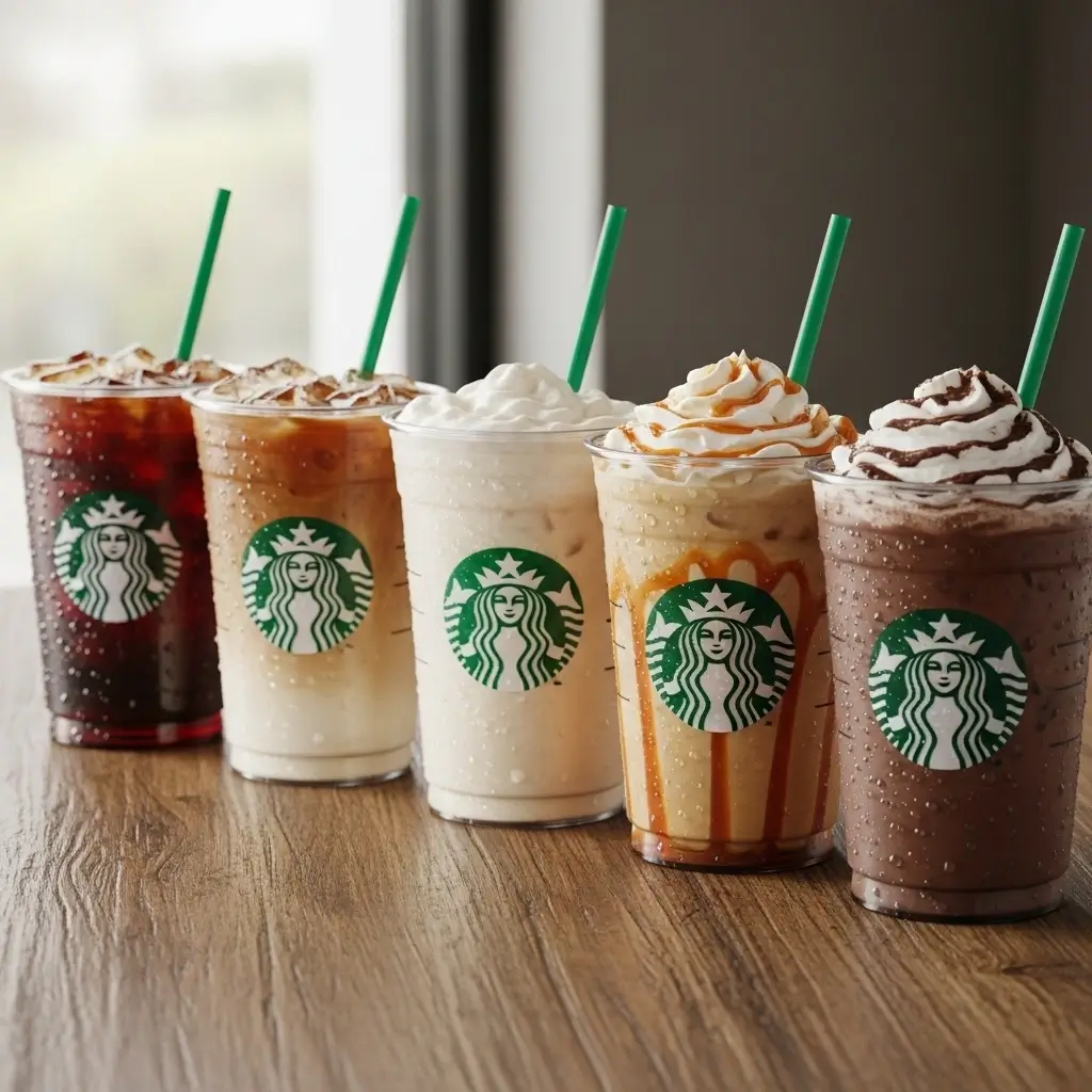 Five classic Starbucks iced coffee drinks lined up on a wooden café table.