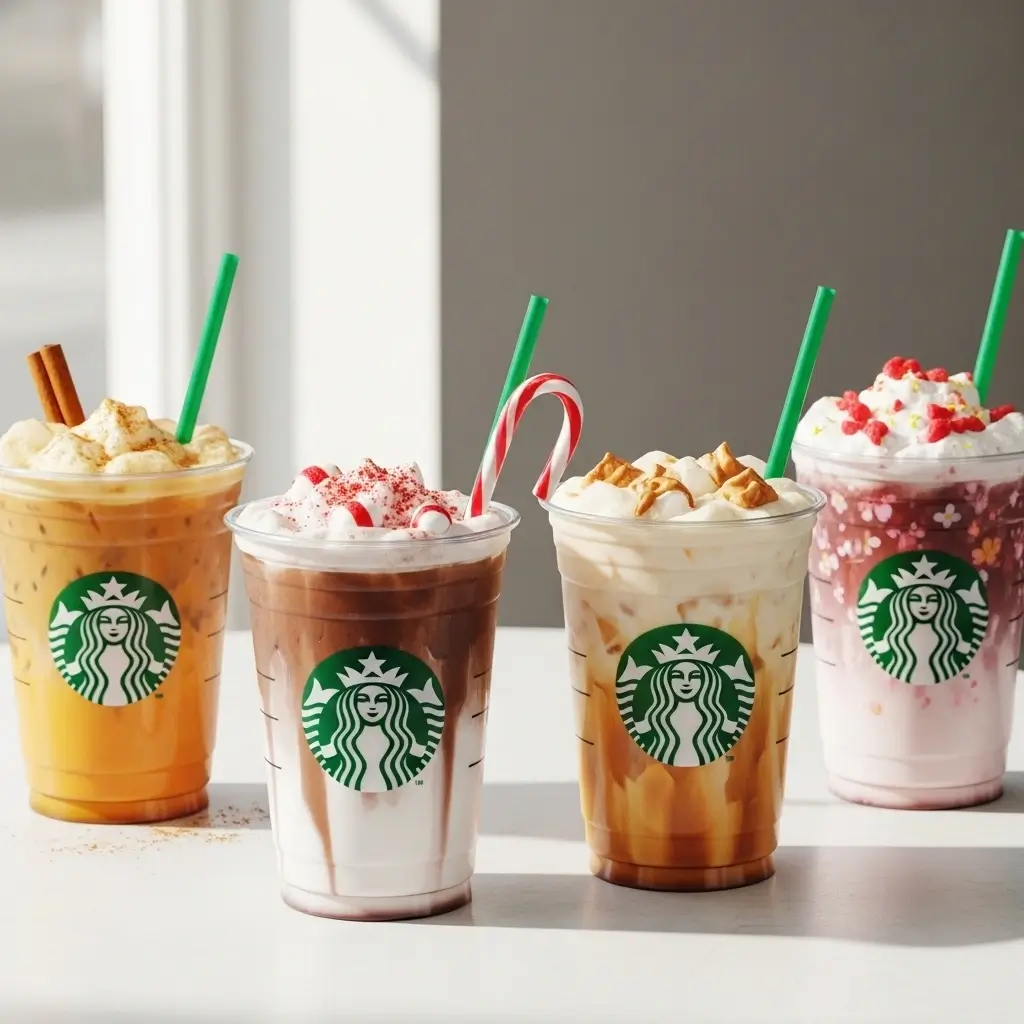 Starbucks seasonal iced coffee drinks for fall, winter, spring, and summer in 2025.